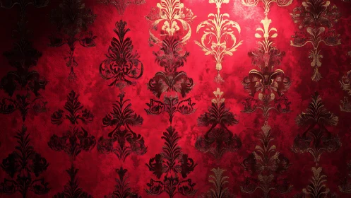 Ornate damask pattern glows on luxurious red wallpaper.