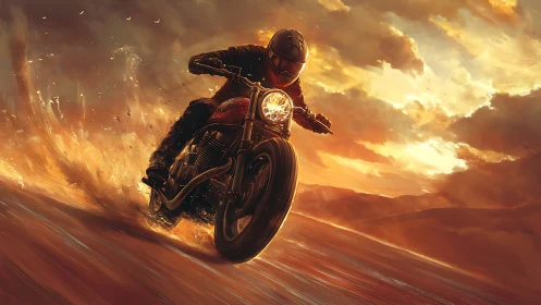 Motorcyclist riding on dirt track under intense sunset sky.