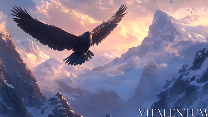 Majestic eagle soaring above snowy mountains at sunrise, digital art.