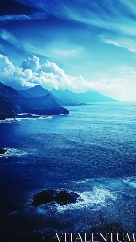 High-contrast coastal panorama with layered blue atmospheric depth