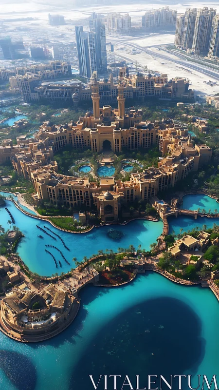 Lakeside desert resort complex encircles vivid turquoise lagoon