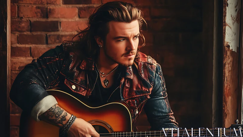 Cinematic portrait of tattooed guitarist in warm brick interior