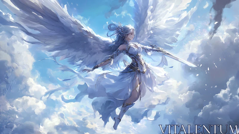 Winged female warrior hovers armed above bright cloudscape