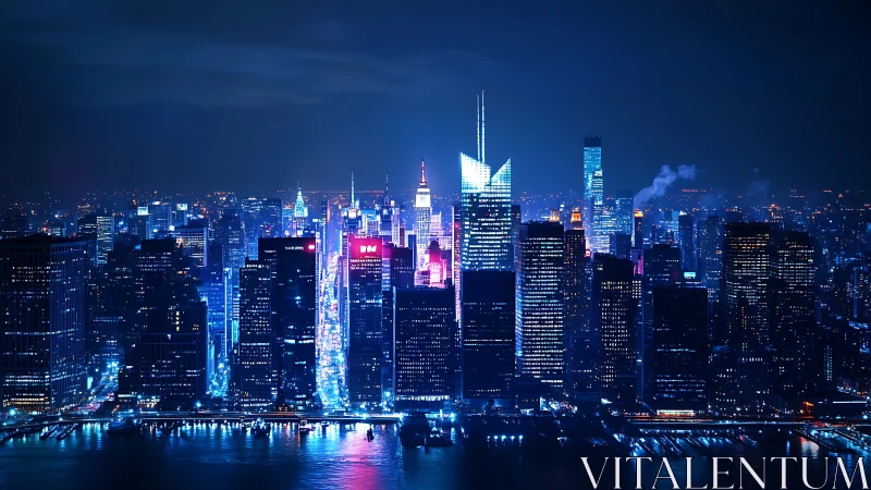 Illuminated high rise city skyline at night by the water.