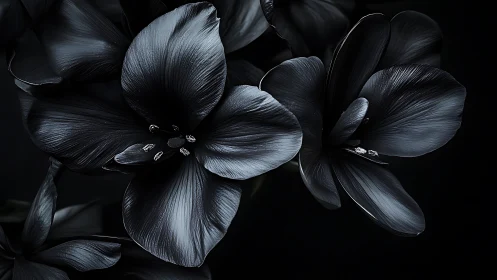 Black flowers with detailed petal structure on dark background.