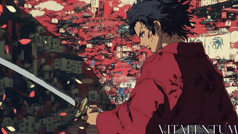 Samurai in red kimono grips drawn katana before abstract wall