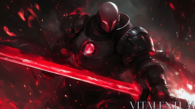 Armored sci fi warrior with glowing red energy blade.