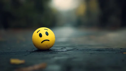 Yellow emoticon ball on wet pavement in shallow focus scene.