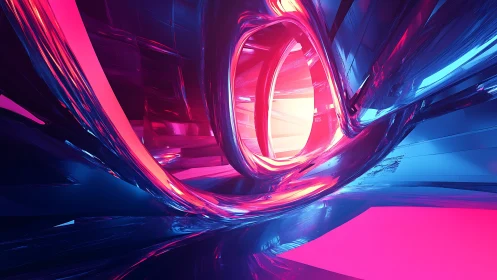 Curved reflective tunnel structure frames central luminous opening