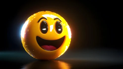 Shiny 3D Smiley Face Emoji with Bright Expression in Dark Setting.