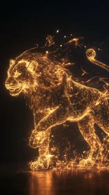 Fiery digital lion silhouette walking through darkness.