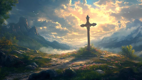 Sunlit mountain cross on a peaceful blooming hillside.