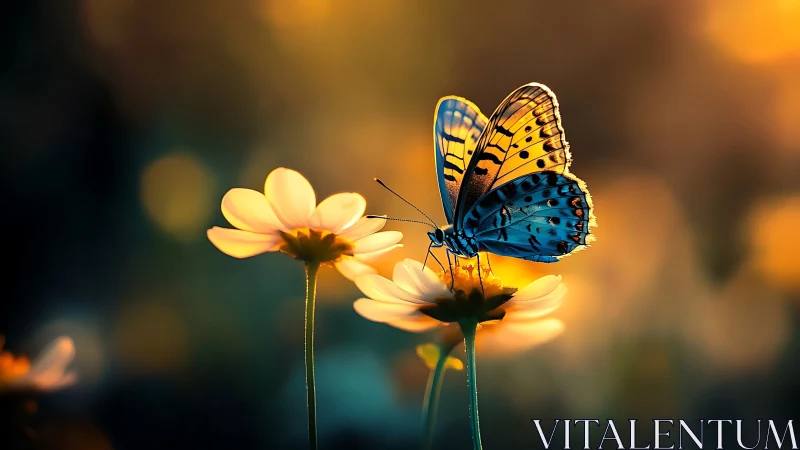 Butterfly rests on glowing wildflower in warm golden dusk