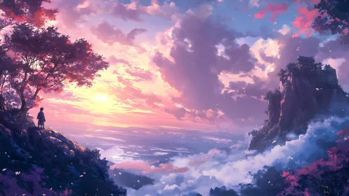 Solitary figure viewing distant shrine at vivid sunset.