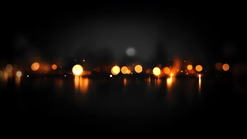 Luminous amber bokeh orbs over reflective black field.