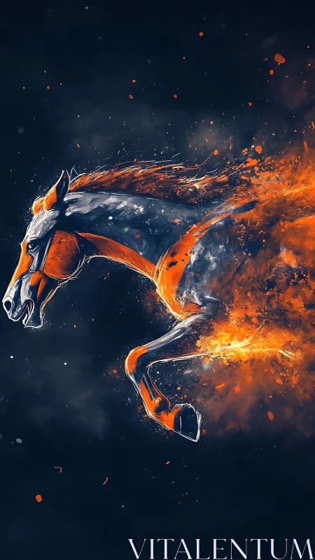 Fiery galloping horse erupts from darkness in motion.
