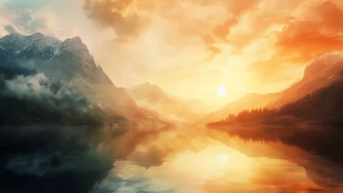 Sunlit alpine lake reflects misty mountains under warm sky