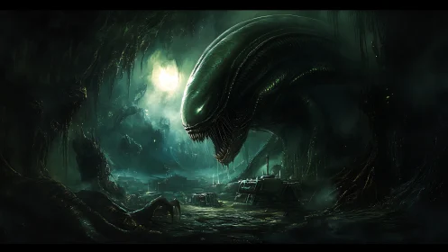 Colossal alien predator towers over flooded biomech ruin