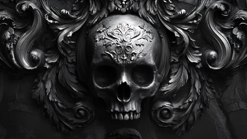 Baroque metal skull emerges from dark ornamental scrollwork
