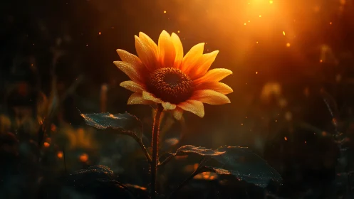 Sunflower under warm backlight in dusk field scene.