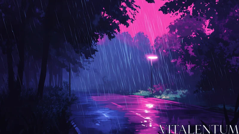 Neon rainlit forest path glowing with quiet late night calm.