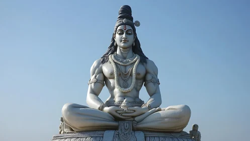 Serene Shiva statue in deep meditation beneath open sky.