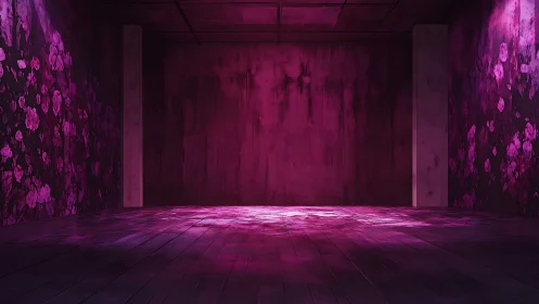 Immersive magenta gallery room glows with abstract floral light