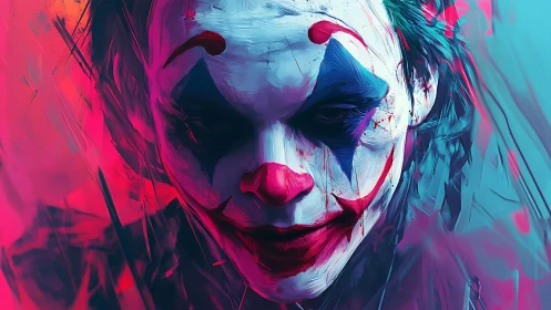 Chromatic clown visage under asymmetric neon field lighting.