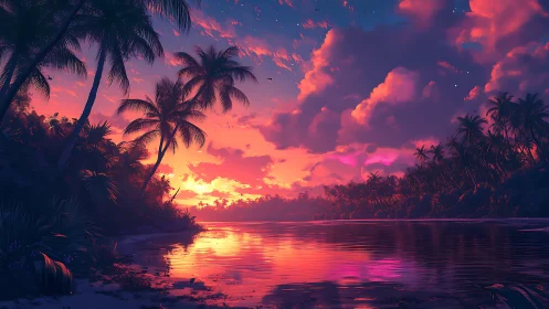 Tropical coastline is rendered under saturated sunset lighting