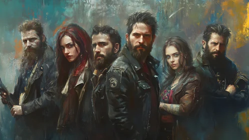 Six leather-clad figures stand aligned against textured backdrop