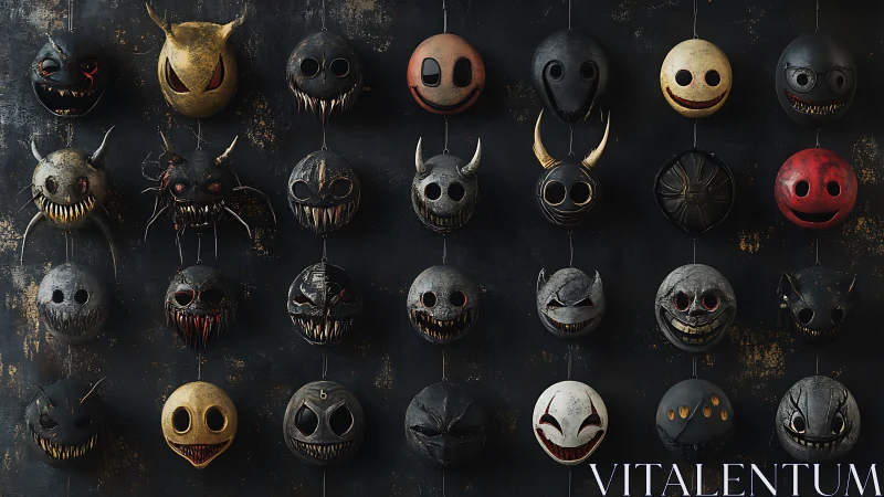 Gridded wall of stylized horror masks shows iterative creature design