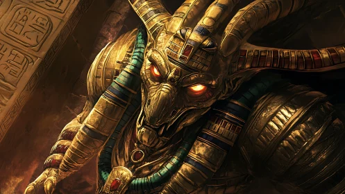 Armored jackal-headed deity leans forward with glowing eyes