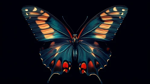 Isolated butterfly specimen is centered against dark field
