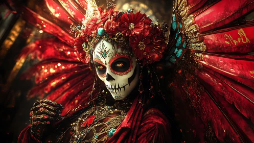Day of the Dead queen in ornate crimson feathered regalia.