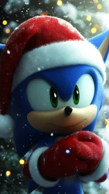 Blue hedgehog in Santa hat standing in snowy lights