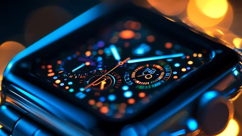 Colorful smart watch face glowing in cozy evening light.