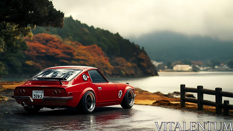 Red classic coupe parked by misty lakeside roadway.