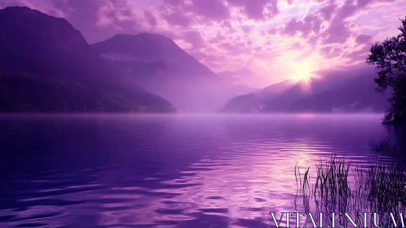 Iridescent violet sunrise over tranquil mountain lake.