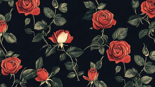 Red roses on dark background with botanical illustration style