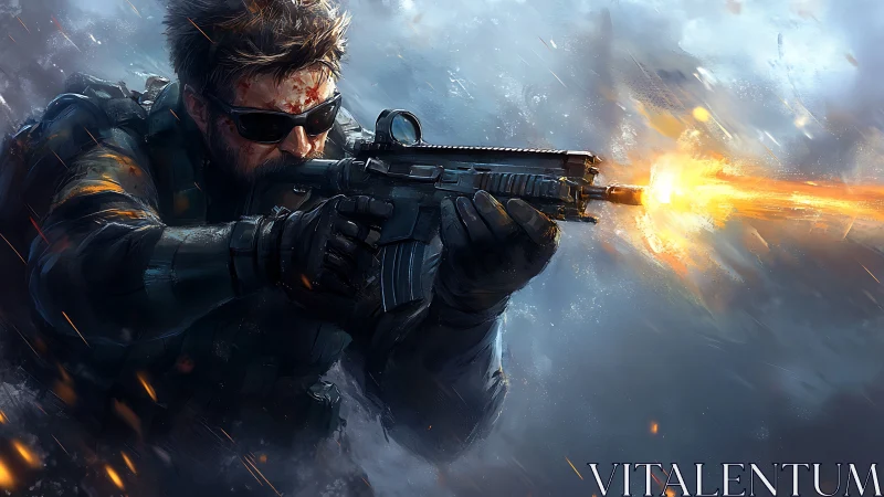 Tactical soldier firing assault rifle through storm firestorm.