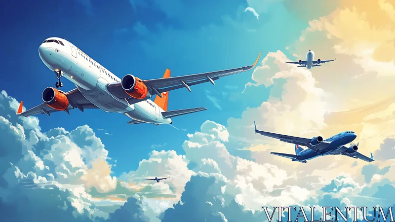 Jetliners choreograph a sunlit waltz through towering clouds