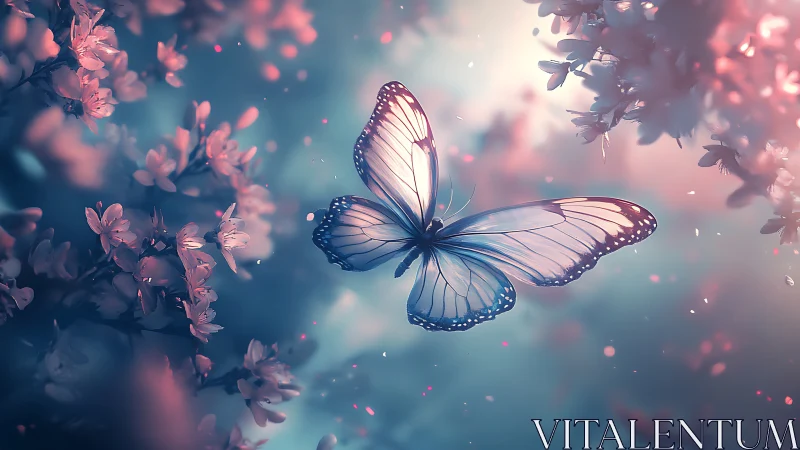 Butterfly with translucent wings moves between soft blossoms