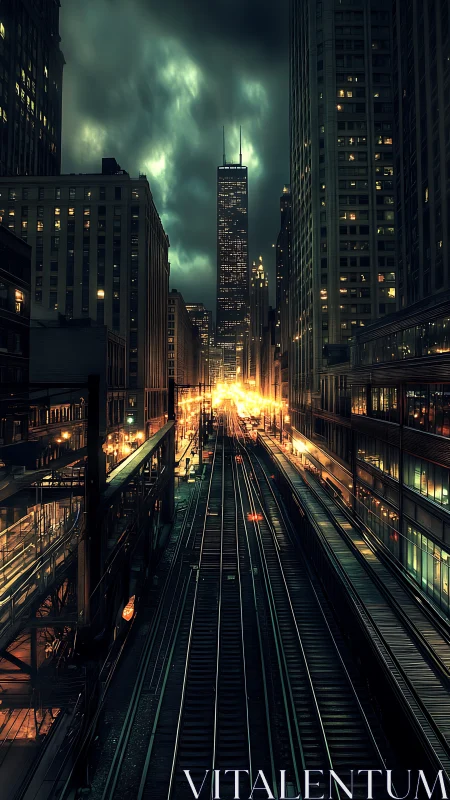 Night urban rail corridor under dense high rise skyline.