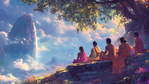 Mystic robed figures meditate above luminous cloud valley