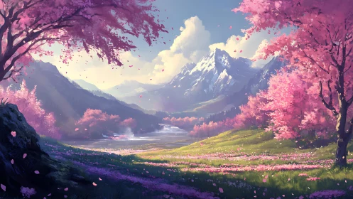 Chromatic alpine valley under luminous spring bloom canopy.