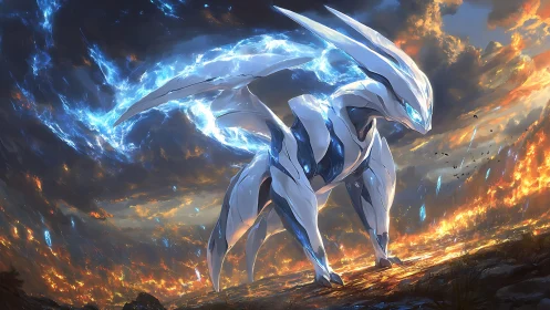 Futuristic quadruped mech in burning landscape with energy arcs.