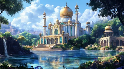 Golden domed palace rises above tranquil forest lake