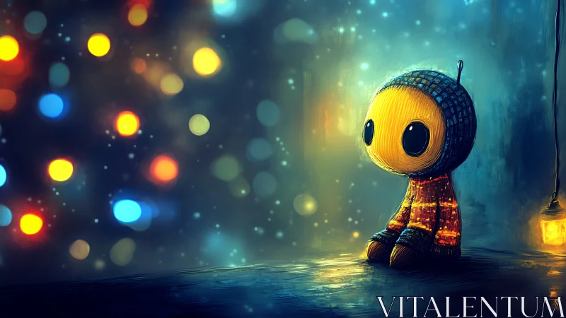 Lonely glowing doll sits under dreamy bokeh lights at night.