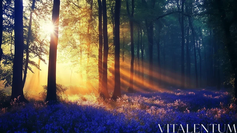 Sunlit forest glade over violet wildflower carpet at dawn.