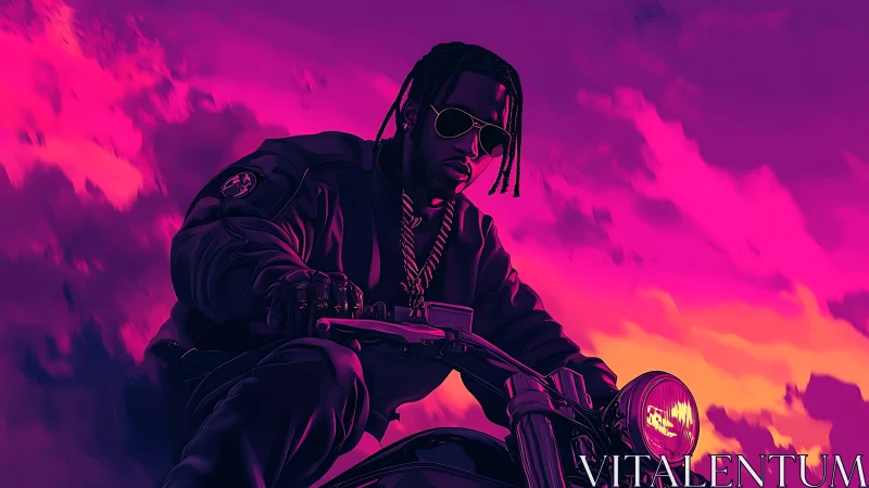 Cool night rider cruising through a neon painted sunset sky.